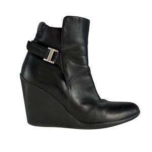 Prada Leather Moto Wedge Heel Ankle Biker Boots Sporty Punk Buckle Edgy Booties